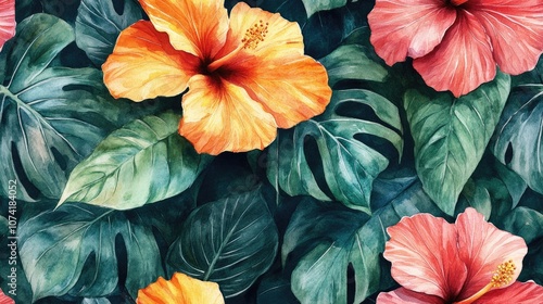 Wallpaper Mural Watercolor seamless pattern featuring tropical leaves and vibrant flowers like hibiscus and monstera perfect for swimwear designs Torontodigital.ca