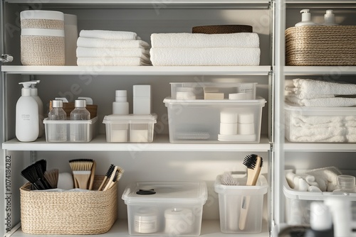 Organized bathroom cabinet with white towels, toiletries, and brushes in baskets and containers.