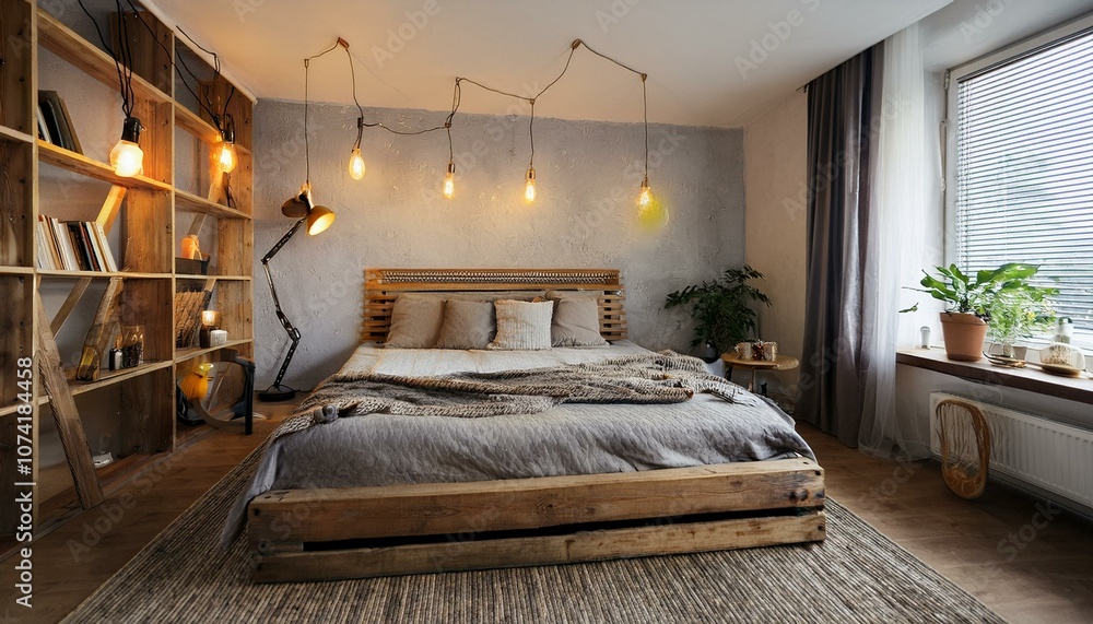 Bedroom interior with industrial lighting and a wooden bed frame. Bedroom interior with industrial lighting and a wooden bed frame.