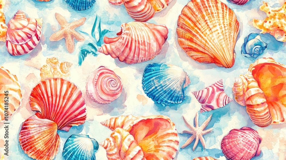 Fototapeta premium Seamless pattern of vibrant summer beach seashells and tropical elements with a watercolor background perfect for fabric and wallpaper designs