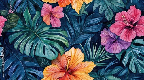 Wallpaper Mural Hand drawn seamless watercolor pattern featuring tropical palm and monstera leaves alongside vibrant hibiscus flowers perfect for fabric designs and home decor Torontodigital.ca
