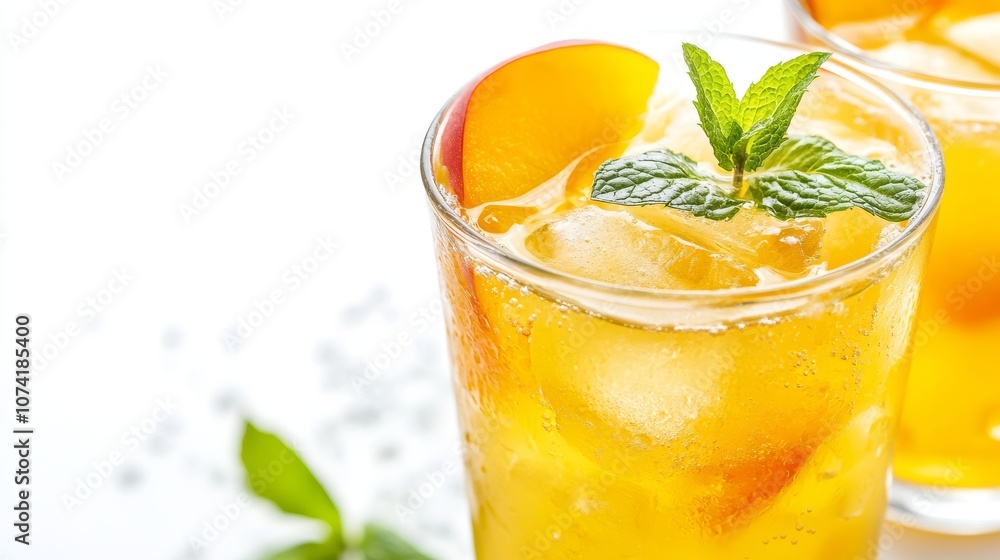 41.A refreshing summer scene featuring two glasses of iced peach fizz, filled with ice cubes and garnished with mint leaves. The vibrant peach slices float at the top, and condensation forms on the 41.A refreshing summer scene featuring two glasses of iced peach fizz, filled with ice cubes and garnished with mint leaves. The vibrant peach slices float at the top, and condensation forms on the