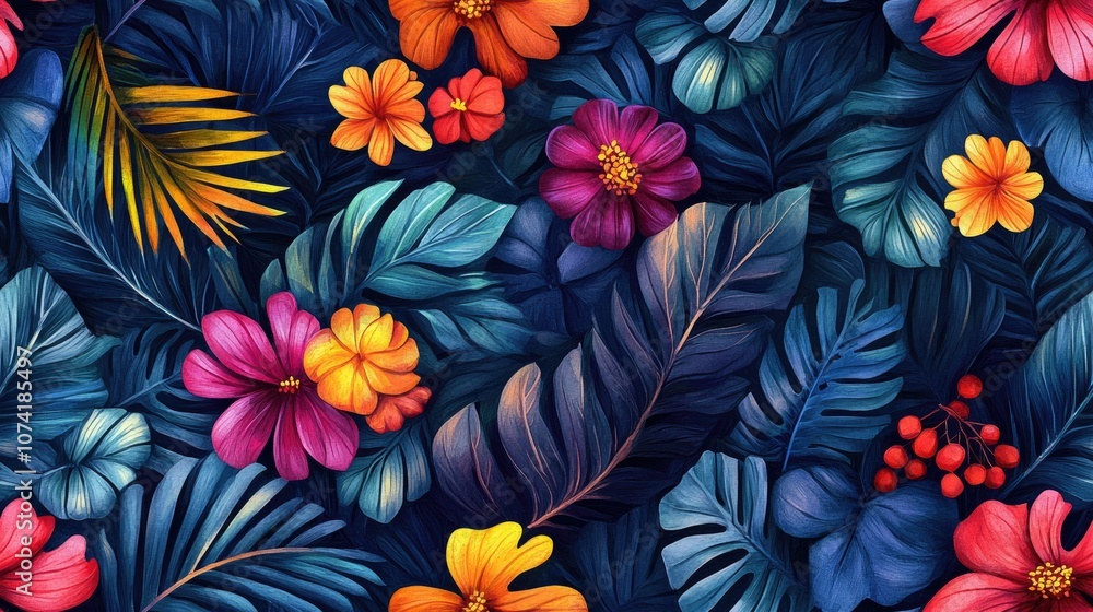 Seamless pattern of vibrant watercolor tropical plants and fruits perfect for enchanting background designs Seamless pattern of vibrant watercolor tropical plants and fruits perfect for enchanting background designs