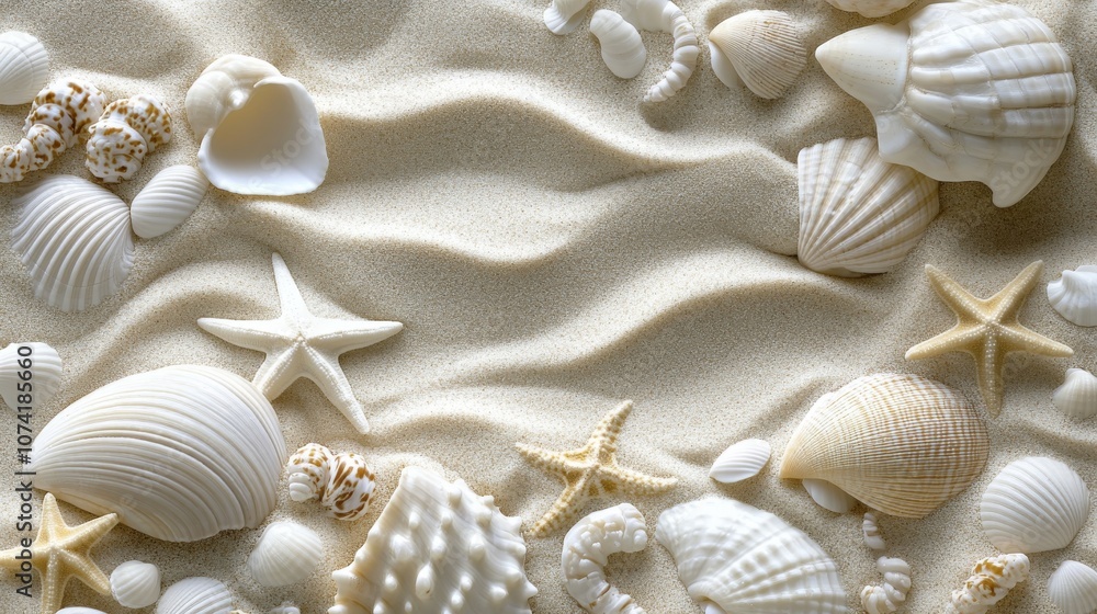 90.A close-up of soft sand with an arrangement of white and beige seashells and starfish. The delicate textures of the shells stand out against the fine grains of sand, creating a serene, natural 90.A close-up of soft sand with an arrangement of white and beige seashells and starfish. The delicate textures of the shells stand out against the fine grains of sand, creating a serene, natural