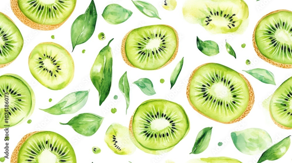 Fototapeta premium Watercolor seamless pattern featuring vibrant kiwi fruit perfect for creating fruity themed designs