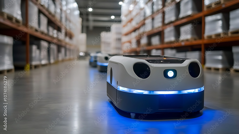 Automated robots navigating a smart warehouse, highlighting the innovation in smart warehousing systems Automated robots navigating a smart warehouse, highlighting the innovation in smart warehousing systems