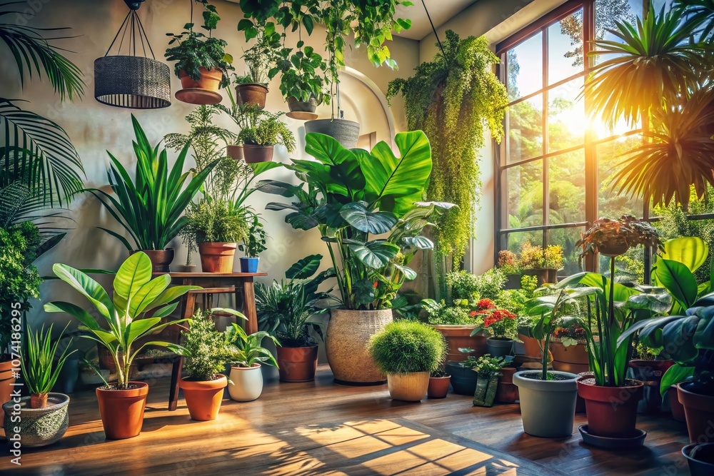 Fototapeta premium Warm Lighting Embracing Cozy Indoor Plants in a Serene Setting with Soft Shadows and Lush Greenery, Perfectly Framing Nature’s Beauty in an Inviting Home Environment