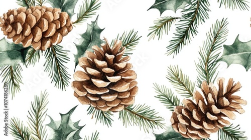 Seamless watercolor pattern of coniferous and holly branches with cones ideal for festive Christmas decor in eco friendly Scandinavian style