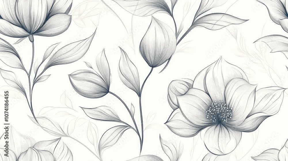 Floral seamless pattern featuring black and white outlines of flowers and leaves elegant home decor design Floral seamless pattern featuring black and white outlines of flowers and leaves elegant home decor design
