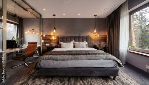 Wallpaper Mural Hotel room with a bed and modern industrial accents, featuring raw materials. Torontodigital.ca