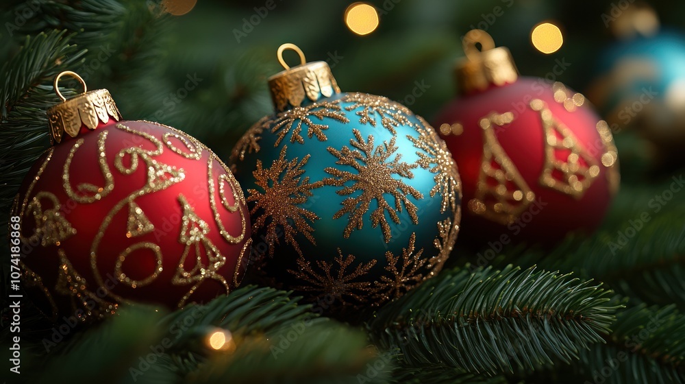 Christmas ornaments on evergreen branches, creating a festive atmosphere. Christmas ornaments on evergreen branches, creating a festive atmosphere.