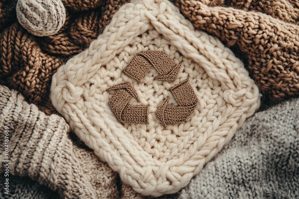 A white knitted square with a brown recycle symbol on it, surrounded by other knit fabrics in brown and beige tones. A white knitted square with a brown recycle symbol on it, surrounded by other knit fabrics in brown and beige tones.