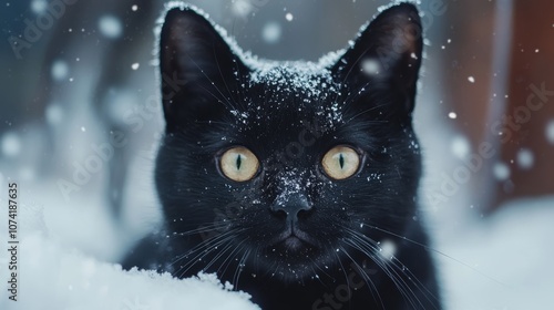 Cute black cat in white snow