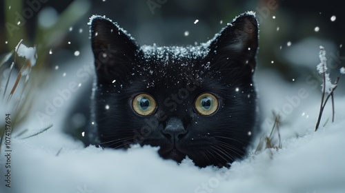 Cute black cat in white snow