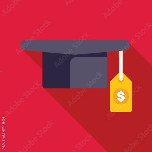 Graduation cap with dollar sign price tag hanging, symbolizing rising tuition fees and student loan debt
