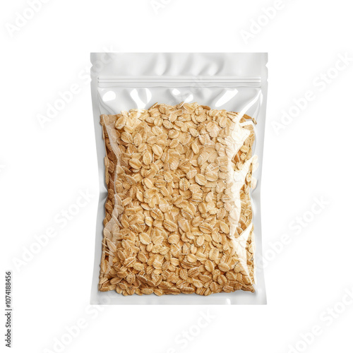 A clear bag filled with wholesome oat flakes perfect for breakfast options. photo