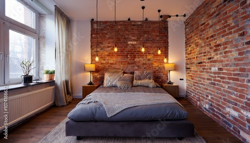 Bedroom interior with bed, exposed brick, and hanging Edison bulbs. photo