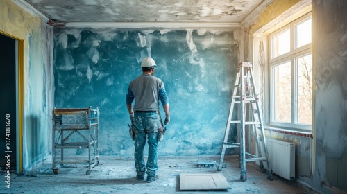 A worker examines a freshly painted wall in a sunny room, surrounded by tools and a ladder, preparing for further renovations.