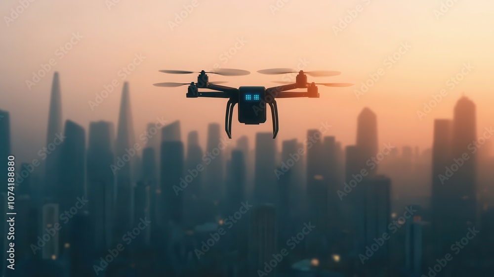 Drone Over Cityscape: A sleek drone soars through the air, capturing a stunning vista of a modern cityscape bathed in the warm glow of dawn. The image evokes a sense of innovation, progress. Drone Over Cityscape: A sleek drone soars through the air, capturing a stunning vista of a modern cityscape bathed in the warm glow of dawn. The image evokes a sense of innovation, progress.