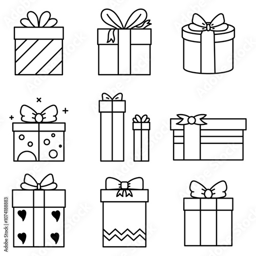 Set of Gift Box Outline, Outline Icon of Gift Box Isolated on White Background