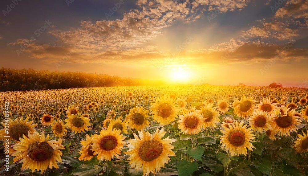 Fototapeta premium A vibrant field of sunflowers basking in the golden glow of a sunset, with a dramatic sky enhancing the serene landscape.