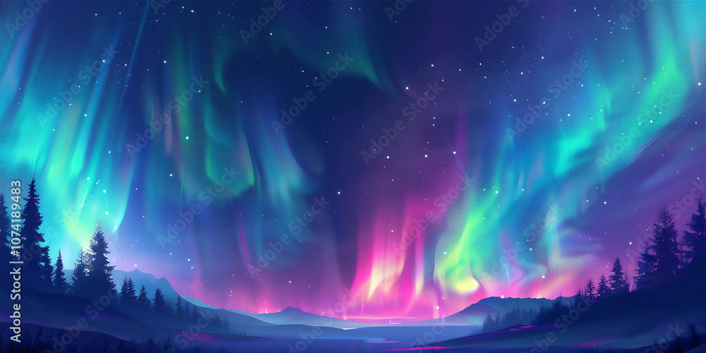 Obraz premium Northern Landscape at winter with aurora in the sky version 70