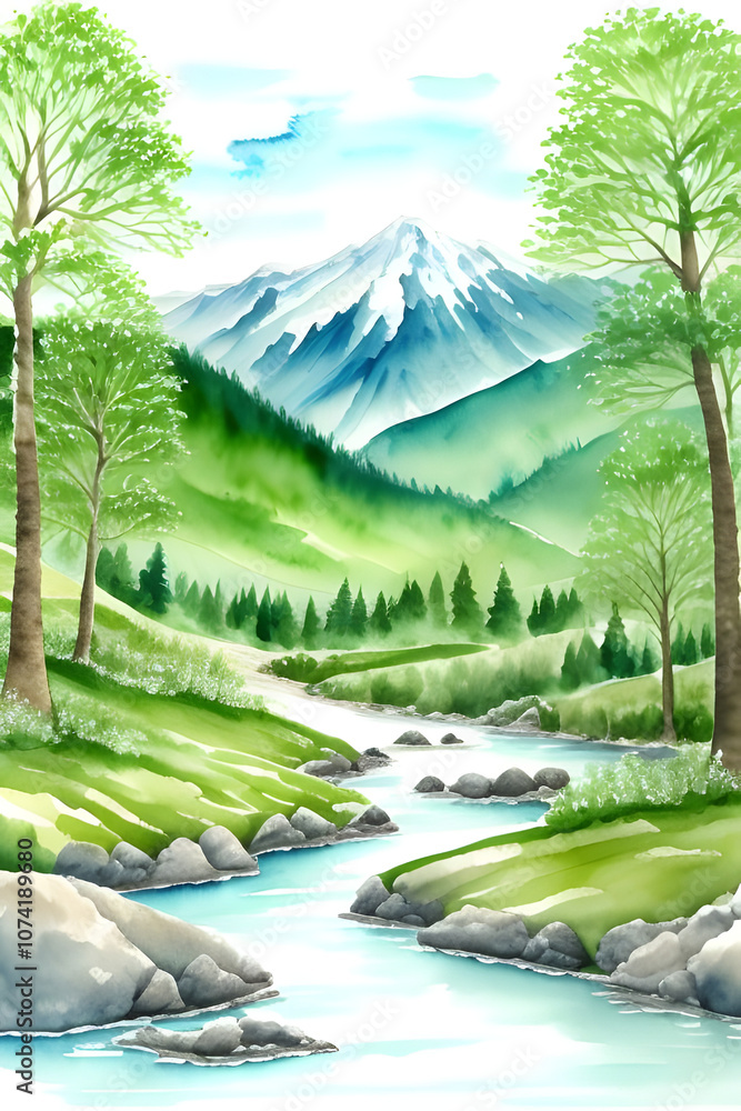 Obraz premium watercolor painting background landscape with fresh green forest and ice mountains