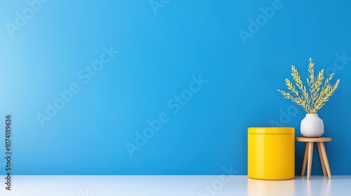 Bright and Cheerful Decor with Yellow Container and Flower Vase Against a Vibrant Blue Wall Creating a Fresh and Inviting Atmosphere for Interior Spaces photo