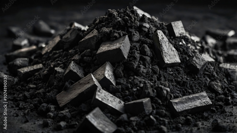 A detailed view of charcoal pieces and coal dust piled together against a dark background, highlighting texture and composition A detailed view of charcoal pieces and coal dust piled together against a dark background, highlighting texture and composition