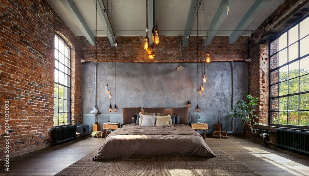 Industrial bedroom with exposed brick, hanging lights, and a bed. Industrial bedroom with exposed brick, hanging lights, and a bed.