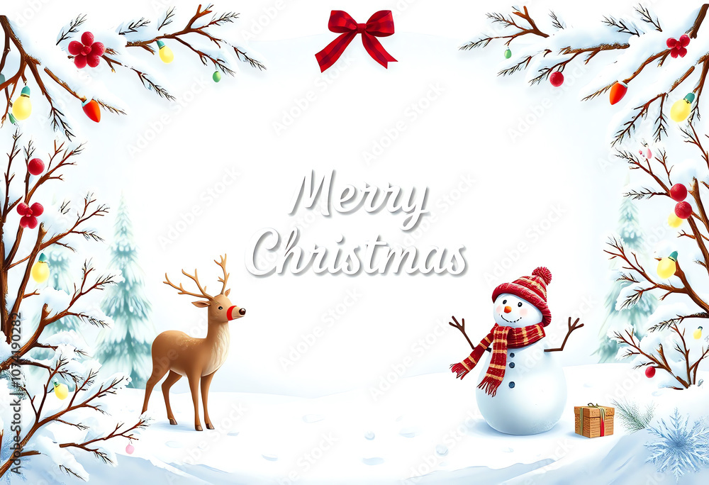 Fototapeta premium Merry Christmas greeting flyer Template Illustration with winter scene background and snowman