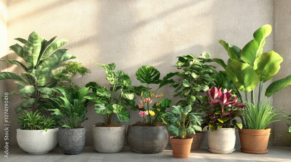 3D rendering of flourishing garden greenery with potted plants indoors 3D rendering of flourishing garden greenery with potted plants indoors