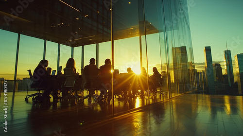 A cinematic photo of a team meeting in a modern glass-walled conference room, viewed from outside through the glass. The room is bathed in warm sunset light. photo