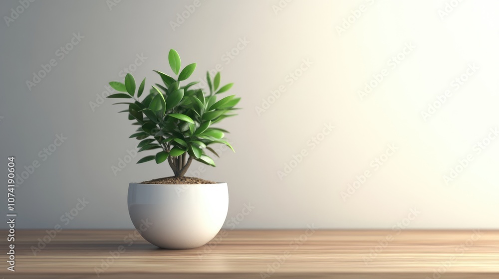 3D rendering of a small plant placed on a brown wooden table 3D rendering of a small plant placed on a brown wooden table