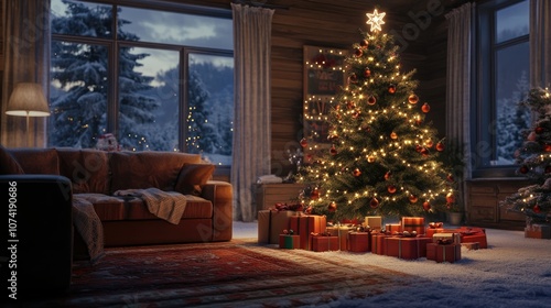 3D rendering of a decorated Christmas tree with gifts placed underneath in a cozy living area