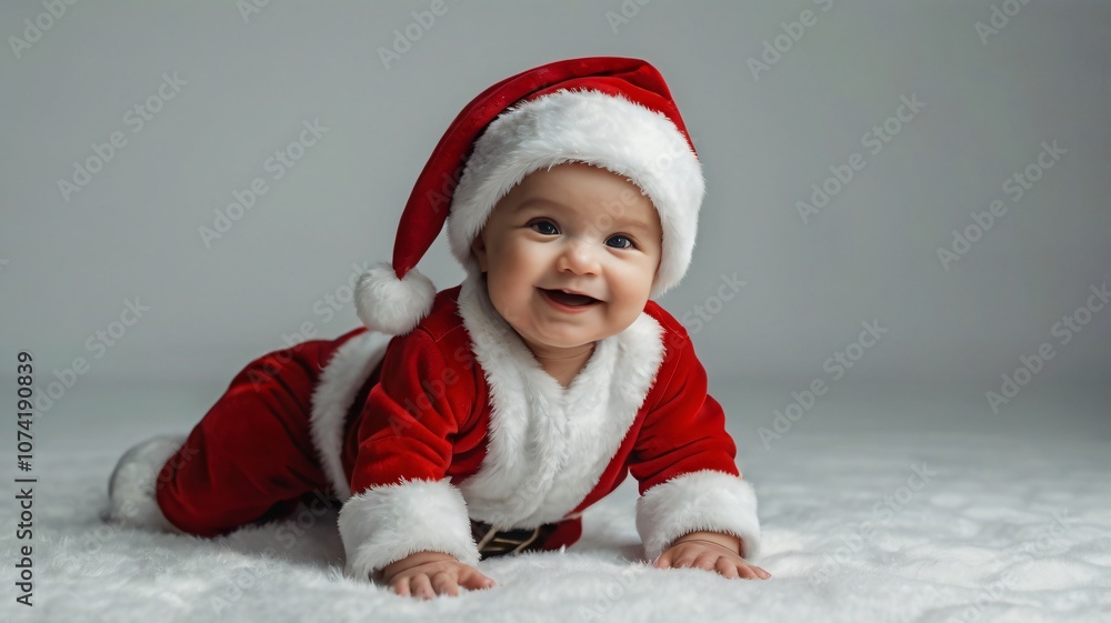 A happy baby dressed in a Santa Claus outfit crawls on a soft white surface, spreading joy during the holiday season A happy baby dressed in a Santa Claus outfit crawls on a soft white surface, spreading joy during the holiday season