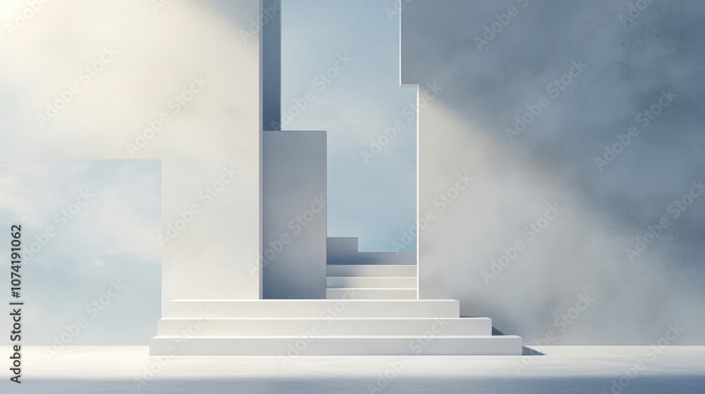 A minimalist architectural scene featuring abstract white steps and walls under soft, natural light, perfect for concepts of ascension, modern design, or tranquility in promotional materials, A minimalist architectural scene featuring abstract white steps and walls under soft, natural light, perfect for concepts of ascension, modern design, or tranquility in promotional materials,
