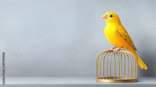 A vibrant yellow canary perched on a golden birdcage against a soft grey background in a serene indoor setting photo