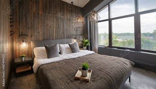 Hotel room with an industrial aesthetic  bed  and steel-framed windows.
