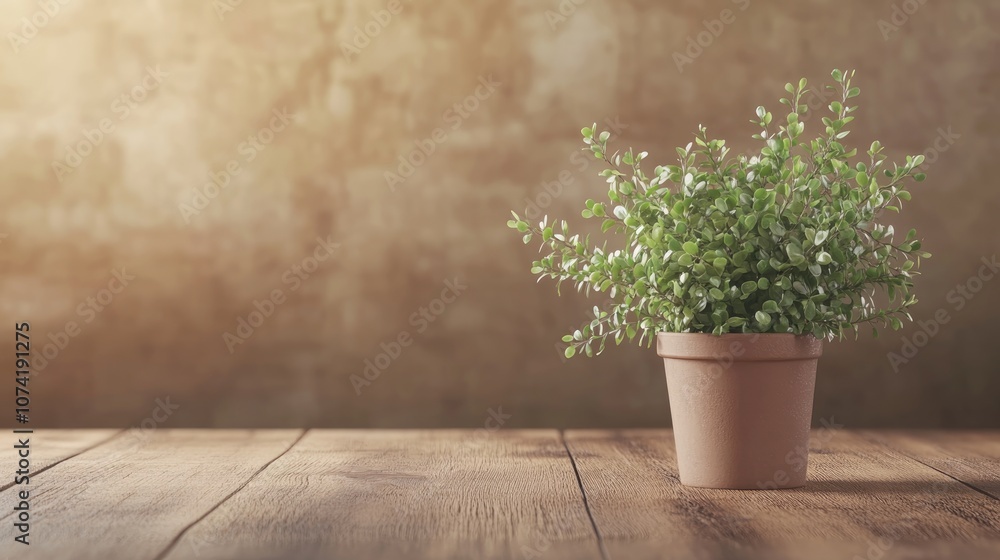 3D rendering of a small plant placed on a brown wooden table