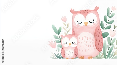 A mother owl and her baby owl standing together among soft pink flowers and green foliage in a whimsical illustration