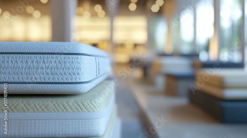 3D rendering of a blurred abstract variety of high end mattresses displayed in a furniture showroom photo