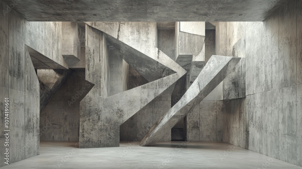 Concrete room with abstract interior design in an open space Industrial background template with 3D rendering Concrete room with abstract interior design in an open space Industrial background template with 3D rendering