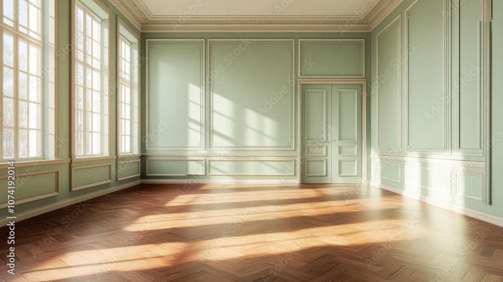 Fototapeta premium 3D rendering of an empty room featuring light green walls oak parquet flooring and reddish wood accents
