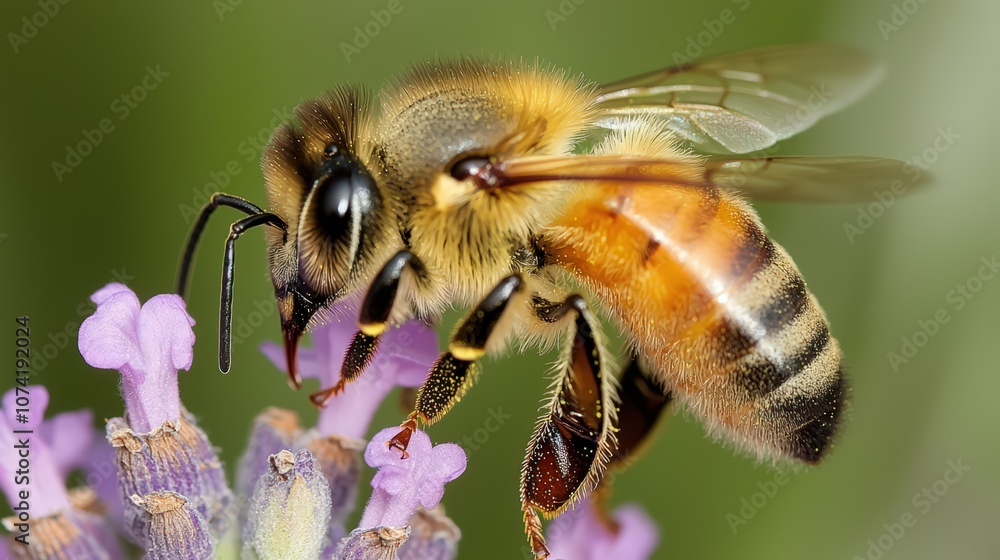 A close-up view of a bee collecting nectar from lavender flowers during a sunny afternoon in a vibrant garden A close-up view of a bee collecting nectar from lavender flowers during a sunny afternoon in a vibrant garden