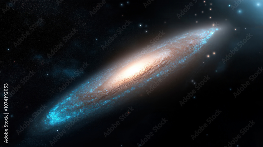 A stunning spiral galaxy illuminated by bright blue and orange hues, showcasing vast cosmic beauty in deep space A stunning spiral galaxy illuminated by bright blue and orange hues, showcasing vast cosmic beauty in deep space