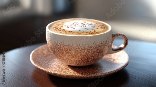 3D rendering of a cappuccino in a stylish cup with frothy milk art on top photo