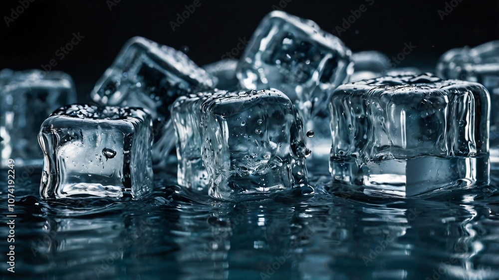 Ice cubes floating in water, reflecting light, creating an interesting visual effect in a dark environment Ice cubes floating in water, reflecting light, creating an interesting visual effect in a dark environment