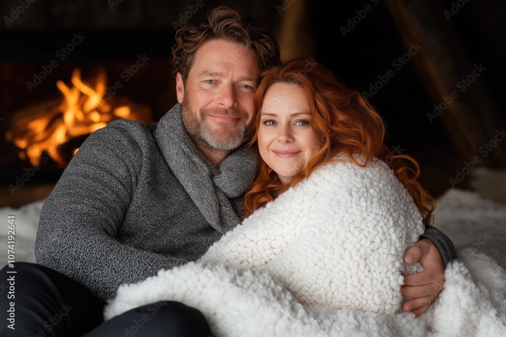 Cozy couple enjoying warmth by the fireplace in a rustic cabin setting during wintertime Cozy couple enjoying warmth by the fireplace in a rustic cabin setting during wintertime