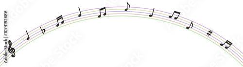 黒い木製の音符を飾った五線譜の虹のバナー